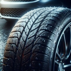 Closeup view of large wet tyre