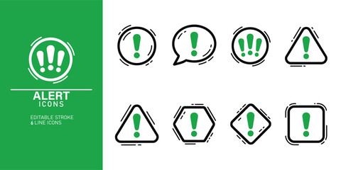 A collection of eight alert icons with green exclamation marks on white and green backgrounds for warning and notification purposes