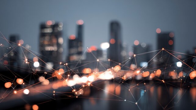 A blurred, nighttime cityscape with interconnected lines and points of light, symbolizing data and technological networks - Powered by Adobe