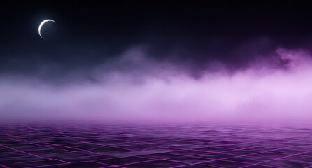 Abstract purple landscape with grid texture and crescent moon against night sky