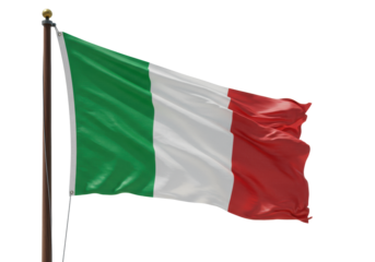 Vibrant Italian flag (green, white, red) gracefully billowing on a dark brown wooden flagpole with golden finial, transparent background, copy space, national pride and identity concept