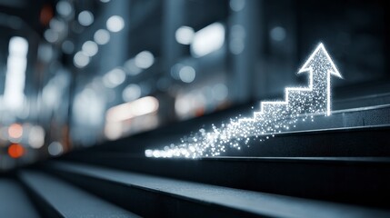 Illuminated staircase with ascending arrow, suggesting progress & growth in a blurred cityscape background