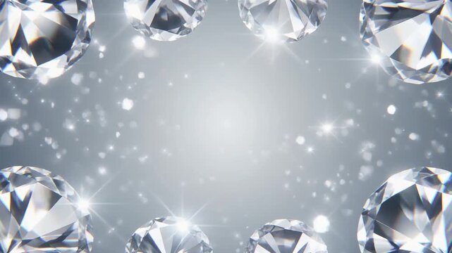 High-quality 3D rendered diamond frame animation with dazzling sparkles and particles for anniversary and luxury brands.