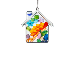 Colorful house-shaped pendant filled with mosaic flower and stone art
