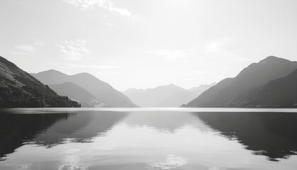 Mountain lake landscape with morning mist and copy space