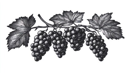 Obraz premium Detailed monochrome illustration of grapes and leaves