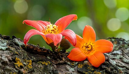 Two Vibrant Orange and Red Flowers Blooming on a Textured Tree Branch.