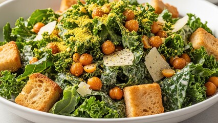 Fresh Kale Salad with Chickpeas and Croutons.