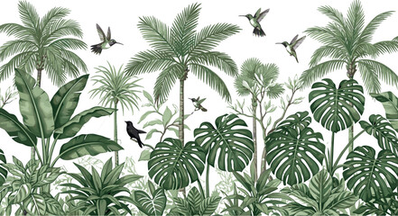 Beautiful hummingbird flying among tropical jungle leaves and exotic pink flowers vector illustration for summer nature background and floral greeting card design.