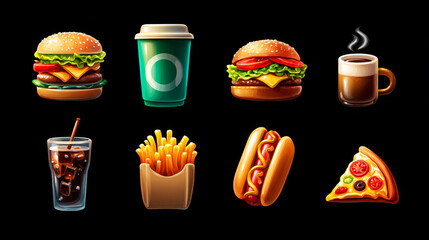 Simple and Clean Vector Illustration of Essential Fast Food Items: Burgers, Hot Dog, Pizza, Fries, and Drinks on Black