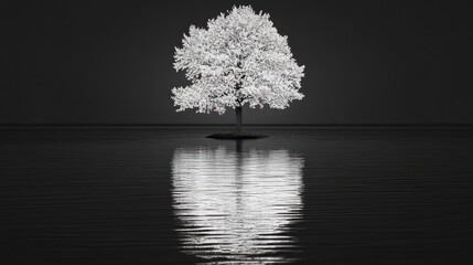 White tree, black water, serene reflection