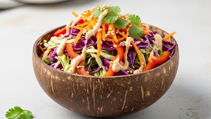 Fresh Vegetable Salad in Coconut Bowl.