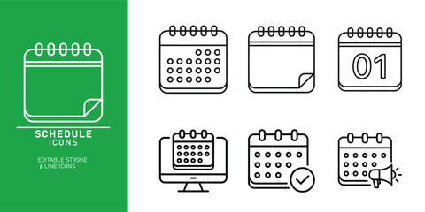 A collection of six schedule icons depicting various calendar and planner symbols on a green and white background for organization and time management purposes