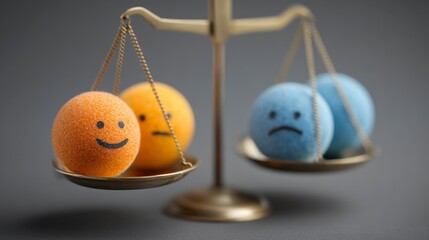 A conceptual image showing emotional balance and imbalance. Two weights of happy and sad faces resting in a balance scale
