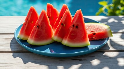 Fresh Watermelon Slices on Blue Plate.