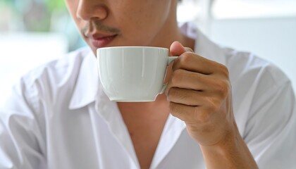 Man in White Shirt Drinking Coffee Indoors.