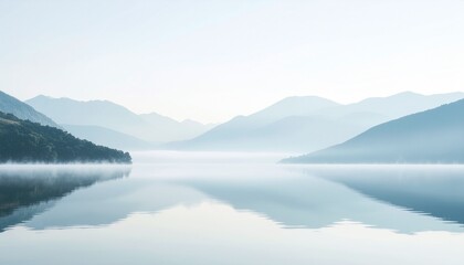 Mountain lake landscape with morning mist and copy space