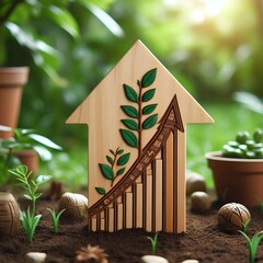 wooden upward trending arrow for growing business isolated in garden