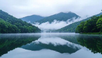 Mountain lake landscape with morning mist and copy space