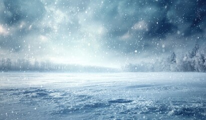 Snowy landscape scene with falling snowflakes and dark sky background
