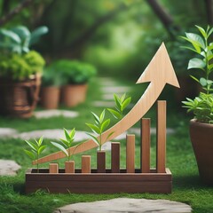 wooden upward trending arrow for growing business isolated in garden