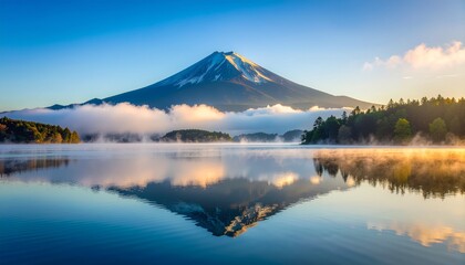 Mountain lake landscape with morning mist and copy space