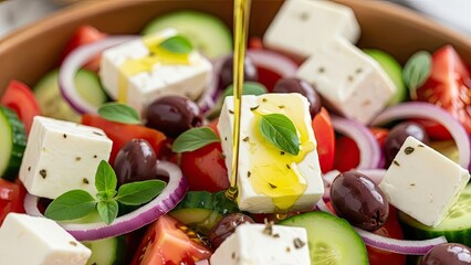 Greek Salad with Olive Oil Pouring.