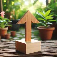 wooden upward trending arrow for growing business isolated in garden