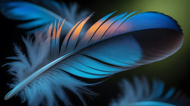 Closeup of vibrant blue and orange parrot feather isolated on transparent background transparent background