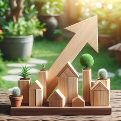wooden upward trending arrow for growing business isolated in garden