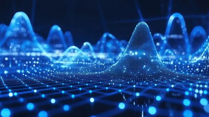 Abstract digital landscape of glowing lines, dots, and curves, representing data visualization or technological advancement