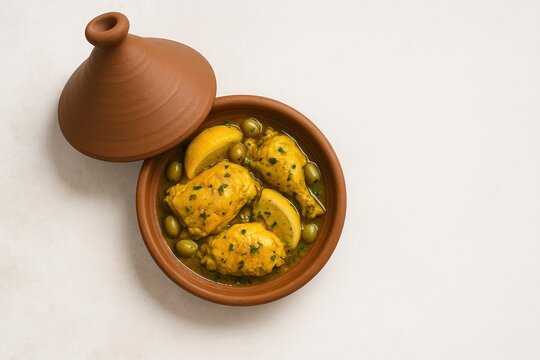 Traditional Moroccan chicken tagine with preserved lemon and green olives, served in a clay tagine pot on a light background.