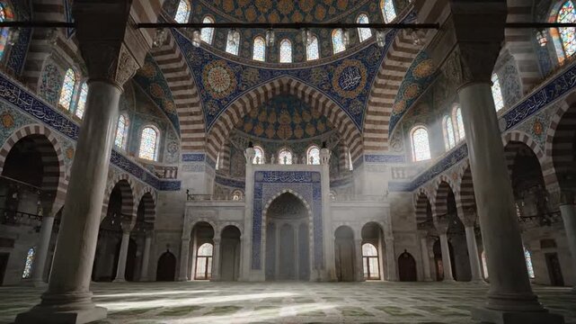 Interior view of a large mosque with a high, domed ceiling, arched columns, and ornate tilework in shades of blue, yellow, and gray, with natural light streaming in.