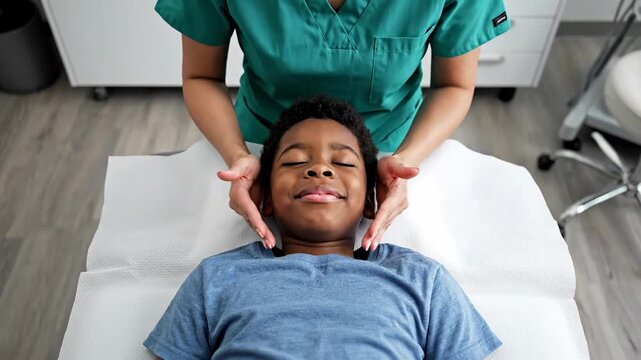 A medical professional gently massages a child's face, conveying care and comfort. The child smiles