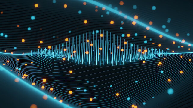 Futuristic sound wave visualization with glowing digital network lines transparent background - Powered by Adobe