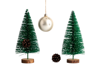 Two miniature evergreen trees with pinecones and a bauble