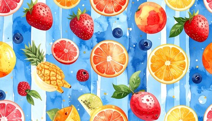 Watercolor illustration of assorted vibrant fruits on striped background