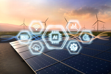 AI Smart Grid Managing Solar and Wind Energy at Sunset