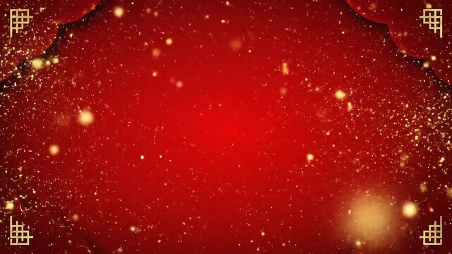 Luxurious vibrant red background with shimmering golden particle effects and elegant decorative borders, perfect for festive celebrations and special event backdrops
