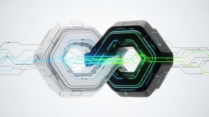 Digital chain link concept with glowing hexagonal shapes and abstract circuit lines on a clean background, symbolizing data connection and secure networking. 3d render.