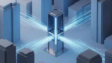 Abstract city data hub with futuristic glowing lines representing digital information transfer, network connectivity, and global communication technology concept art.