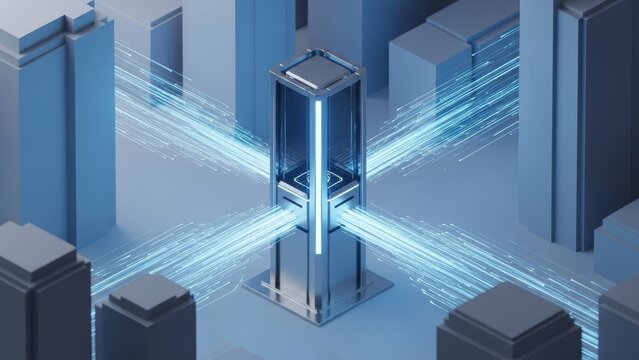 Abstract city data hub with futuristic glowing lines representing digital information transfer, network connectivity, and global communication technology concept art. - Powered by Adobe