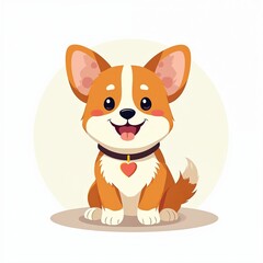 Fototapeta premium Cute corgi puppy smiles happily. Small dog wears collar with heart charm. Adorable pet illustration on white background. Canine friend sits with front paws resting.