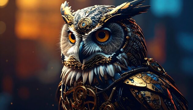 Intricate Steampunk Owl Portrait with Golden Accents.