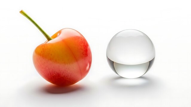 A single ripe Rainier cherry sits next to a clear glass sphere on a white background.