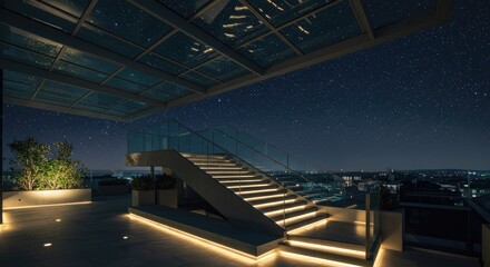 Modern rooftop terrace at night, illuminated steps and glass canopy.  Starry sky visible above