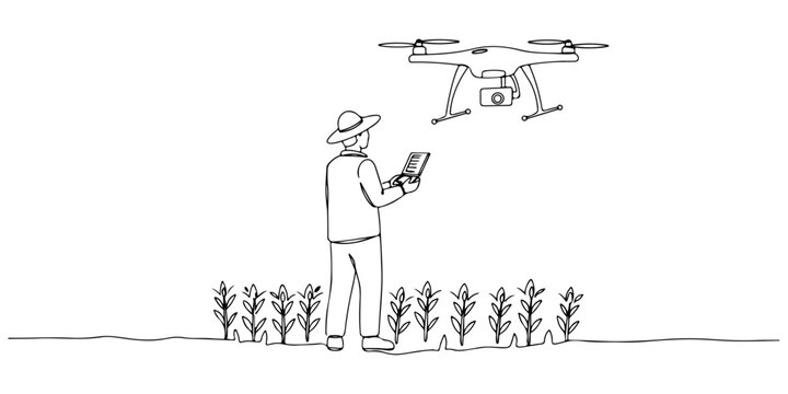 Continuous one line drawing of a farmer operating a drone to monitor crops, symbolizing the use of technology in the agricultural sector, line art style vector illustration.