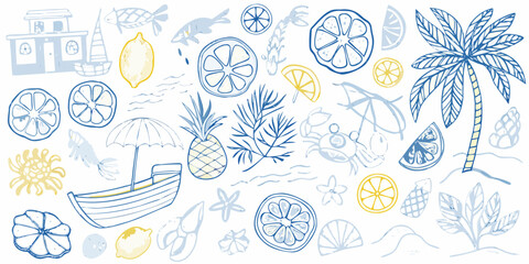 A charming collection of summer themed illustrations in a delicate blue sketch style © Piku