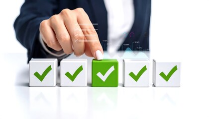 Businesswoman Selecting Green Checkmark Among Cubes with Checkmarks for Success, Achievement, and Progress in Professional Environment