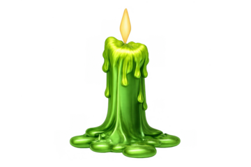 Green spooky candle dripping with melting wax, creating a pool of glowing liquid slime, isolated on transparent background